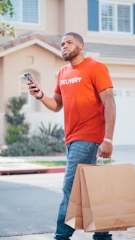 A delivery man in uniform carries paper bags while using a smartphone outdoors.