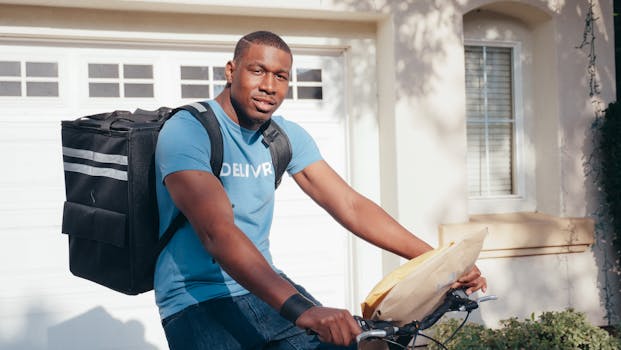 A bicycle courier delivering a package, wearing blue uniform with a backpack, outside a house.