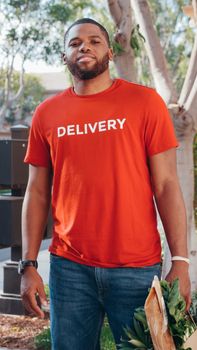 A young African American man in a red delivery shirt holding groceries outside.