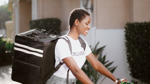 Smiling deliverywoman in uniform with delivery bag on the street during daytime.