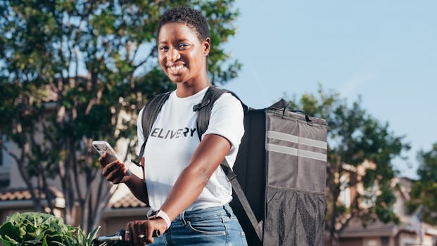 Smiling delivery woman using smartphone outdoors with a delivery bag.
