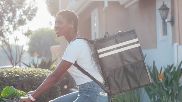 A woman on a bike with a delivery bag rides through an urban neighborhood.