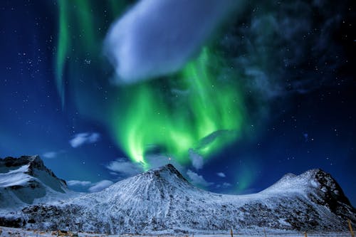 Snow Covered Mountains Under Green Sky