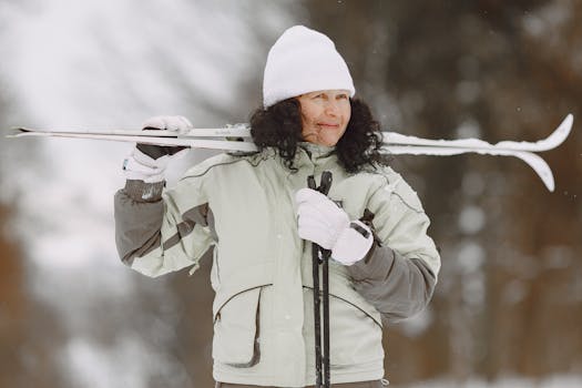 Woman outdoors wearing winter gear holding skis and ski poles with a smiling expression.