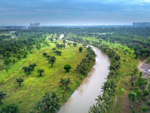 Free Stunning aerial view of a winding river through lush greenery with city skyline in the distance. Stock Photo