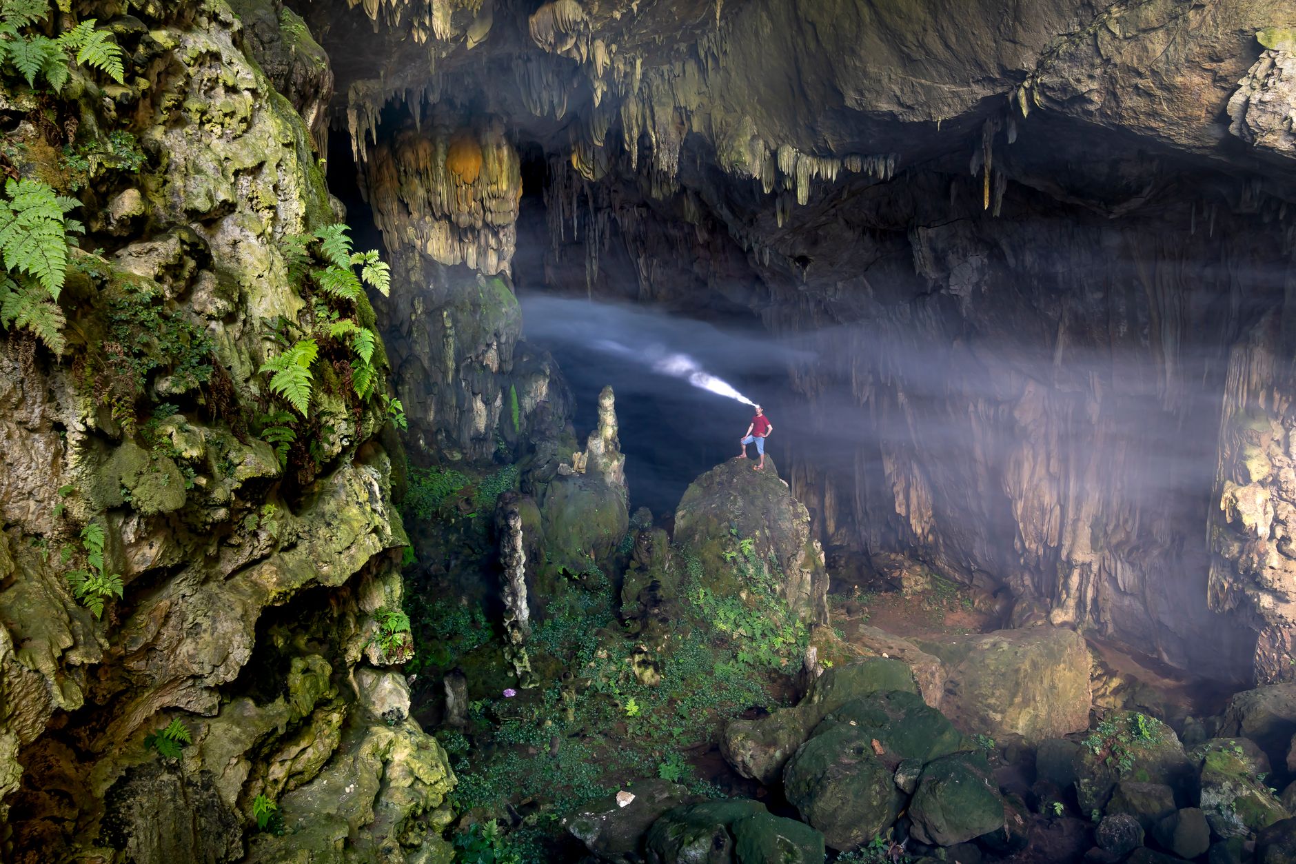 Adventurer with flashlight explores a rocky cave with lush greenery.