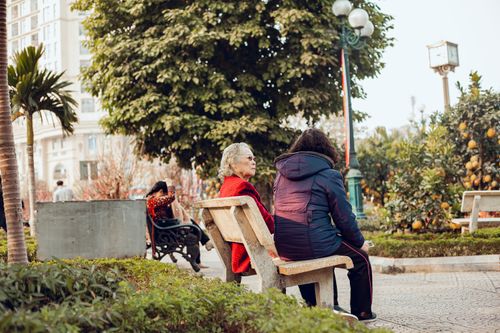 Free Two people sitting on park benches in a city garden setting. Stock Photo