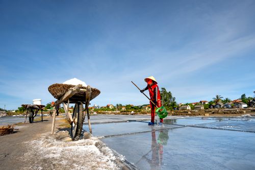 Free A farmer harvests salt under a clear blue sky in a rural landscape. Stock Photo