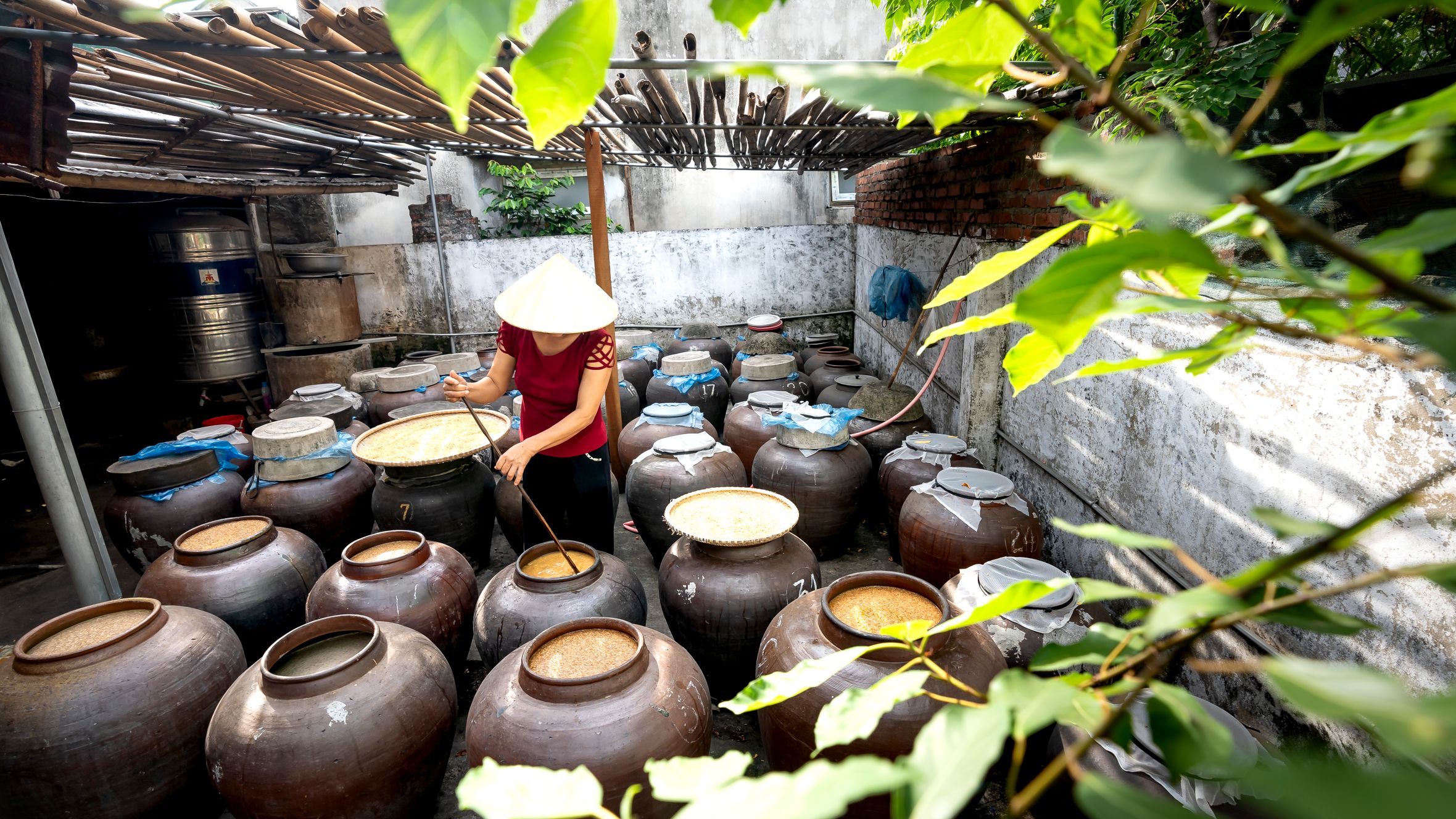 Woman wearing a hat tending to clay pots in an outdoor storage area.