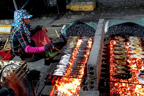 Free Woman grilling fish over charcoal at an outdoor street market, vibrant flames. Stock Photo