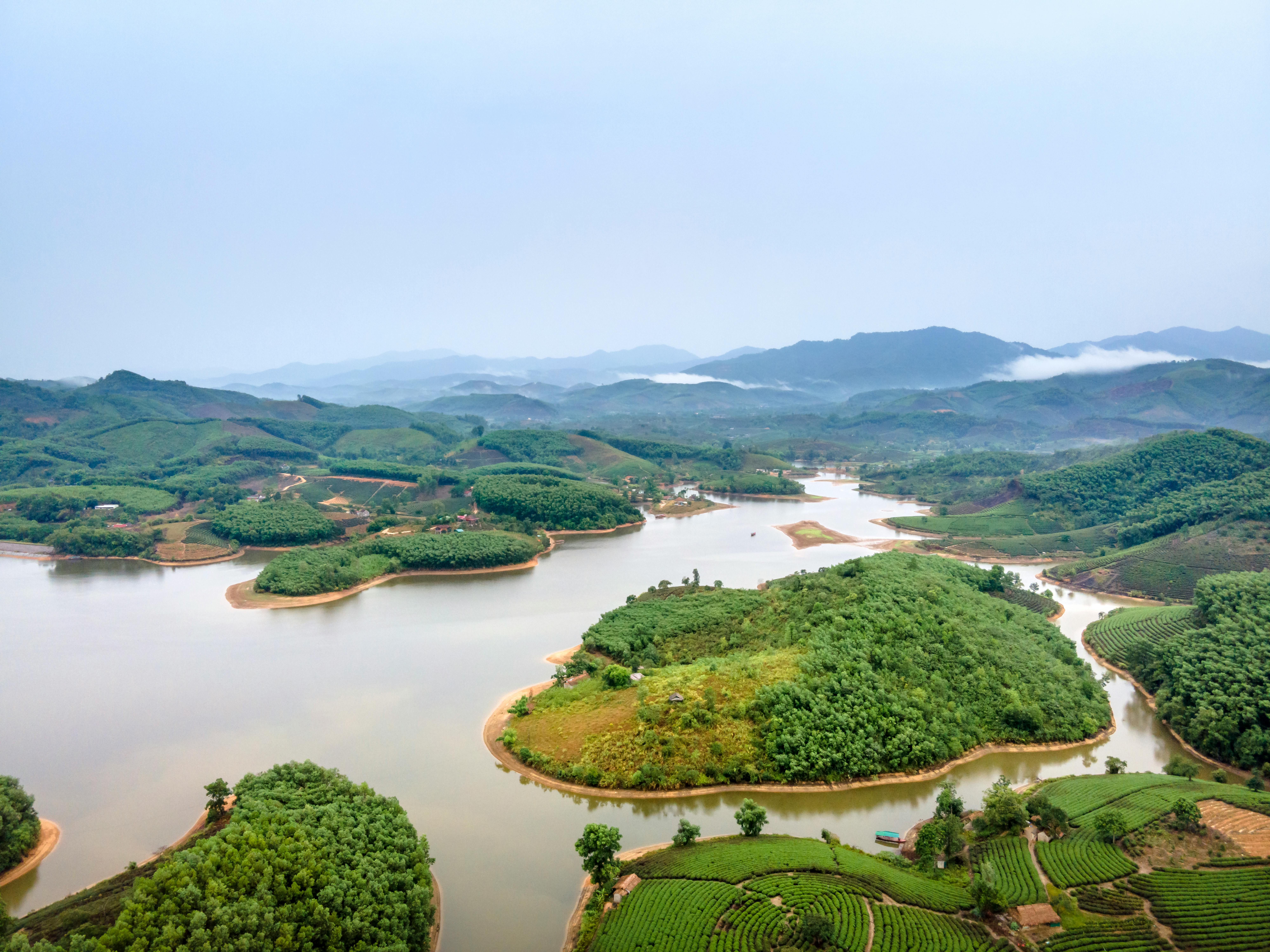 Aerial view of Mianchuan Island with wind turbines