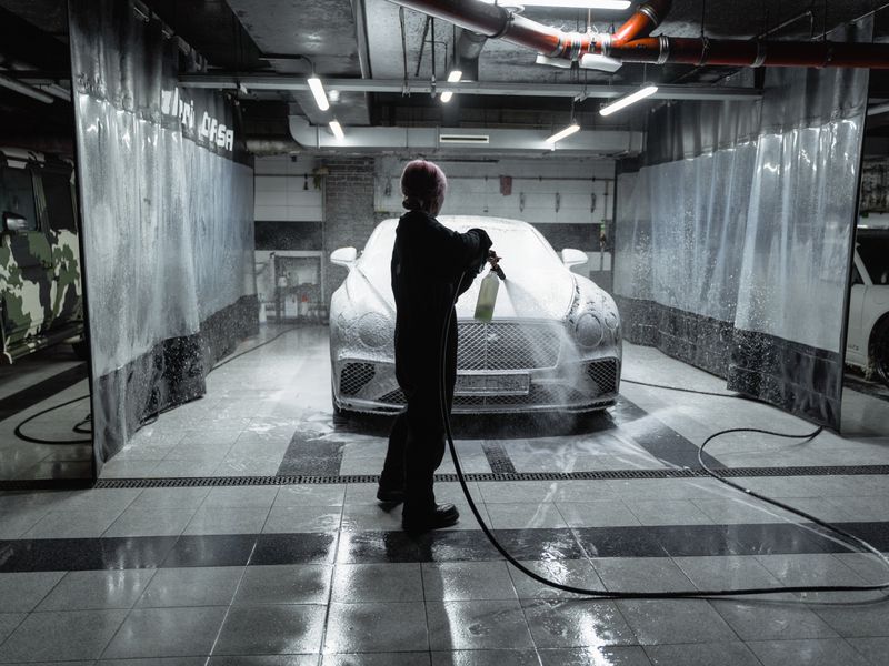 Technician spraying snow foam across a car in an indoor wash bay