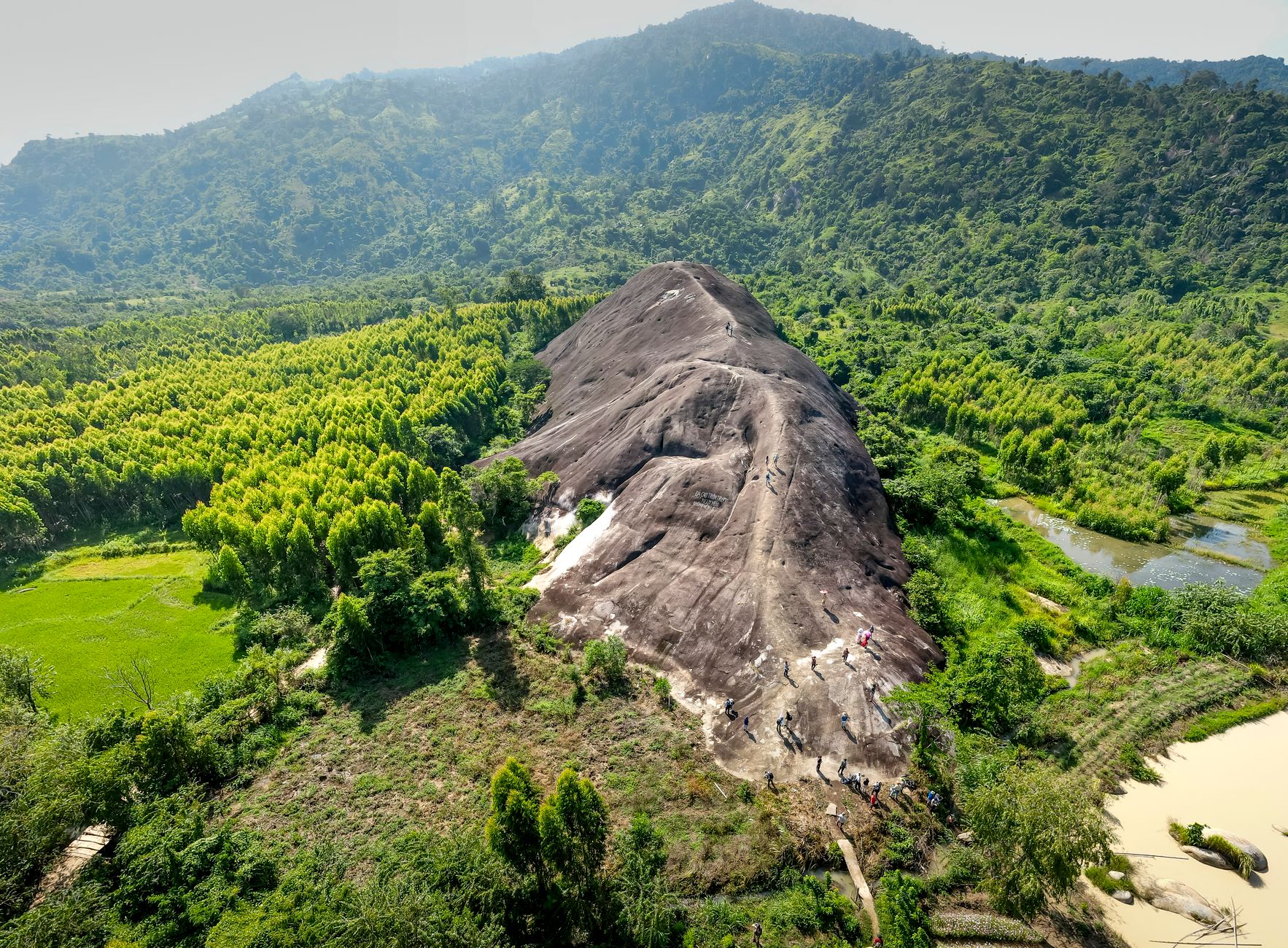 Stunning aerial view of Mother Elephant Stone in lush Dak Lak, Vietnam, surrounded by green scenery.