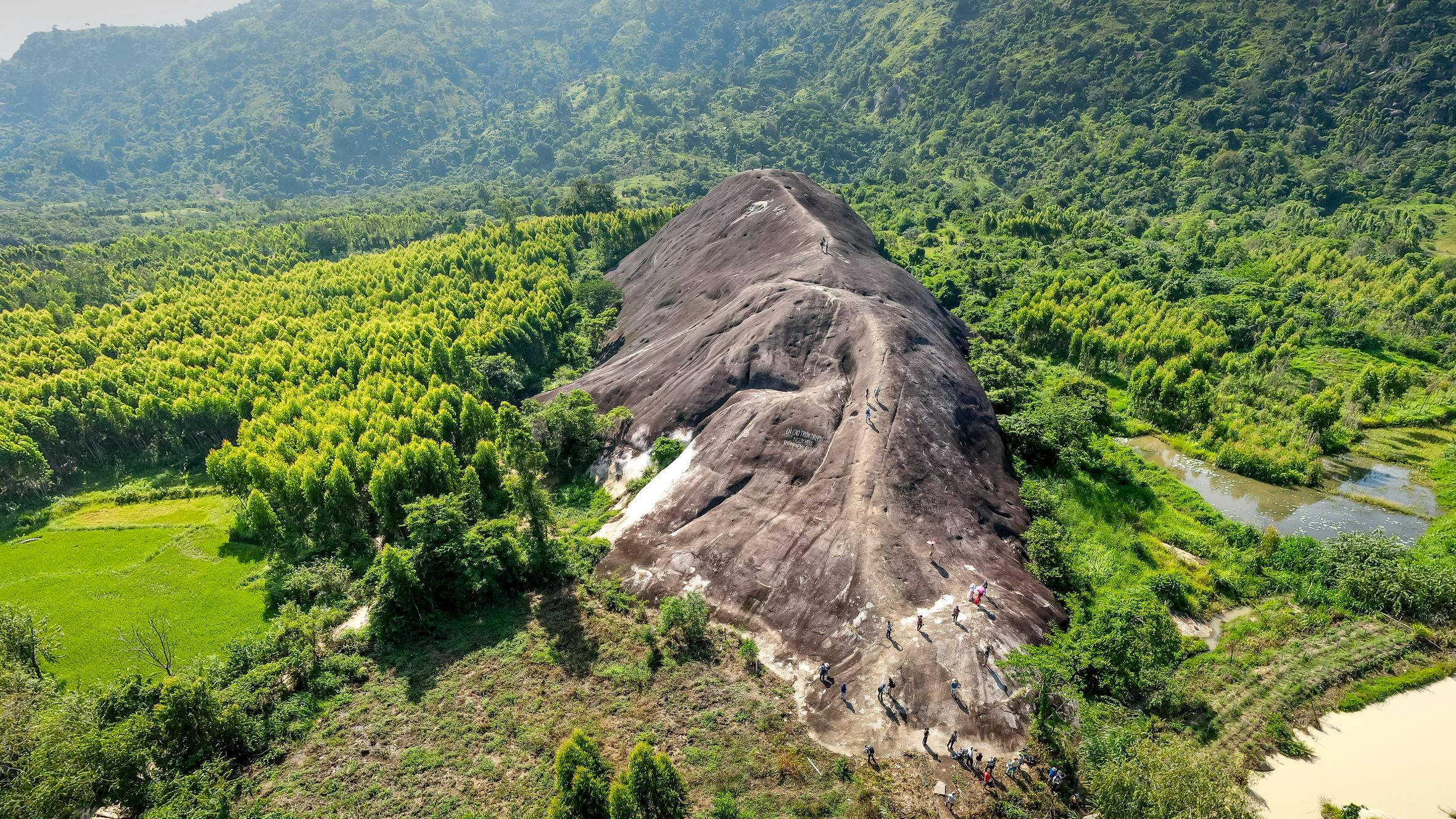Stunning aerial view of Mother Elephant Stone in lush Dak Lak, Vietnam, surrounded by green scenery.