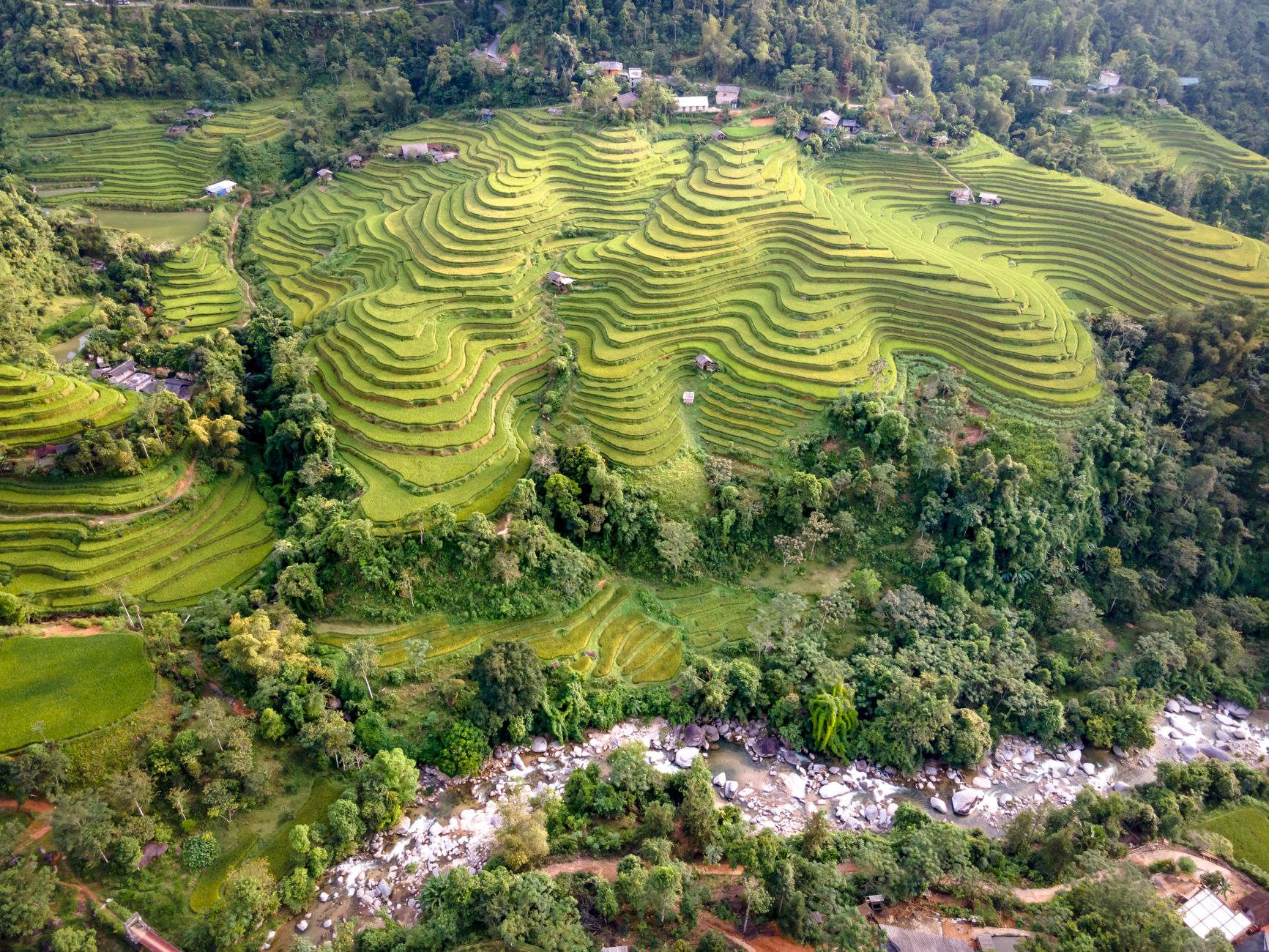 Stunning aerial view of vibrant green rice terraces nestled in a lush countryside landscape.