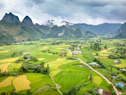 Aerial View of Croplands in a Mountain Valley 