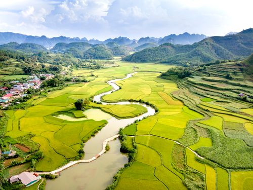 Free A breathtaking aerial shot of lush terraced fields with winding river and hills in a tranquil rural setting. Stock Photo