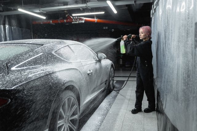 Worker rinsing a car with a pressure washer inside the wash bay