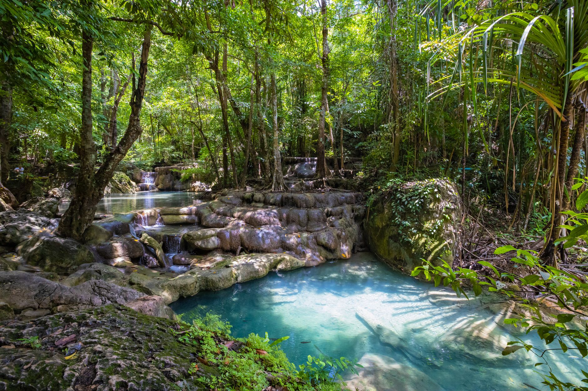 Explore the serene beauty of a lush Thai rainforest with stunning waterfalls cascading into tranquil pools.