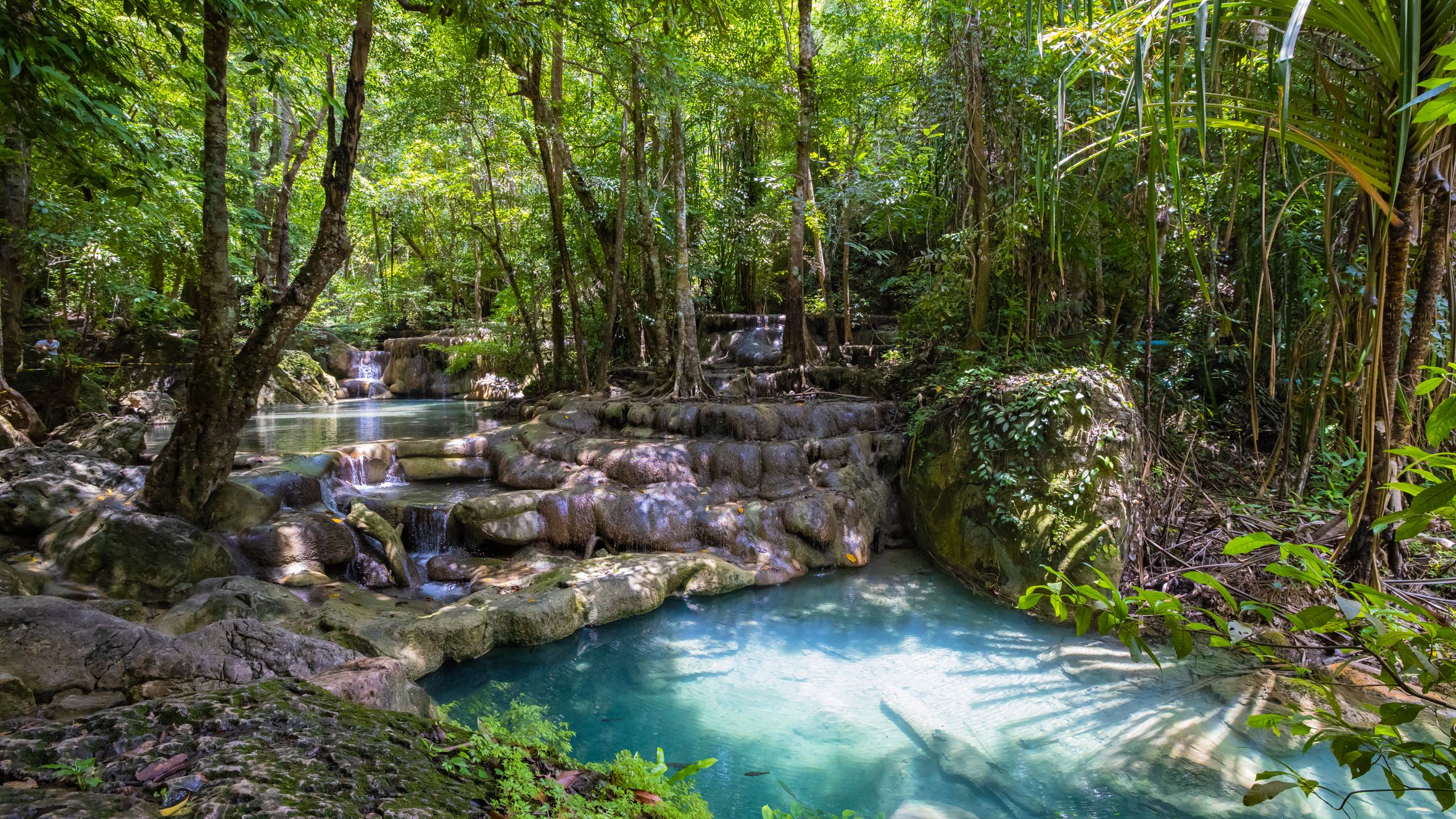 Explore the serene beauty of a lush Thai rainforest with stunning waterfalls cascading into tranquil pools.