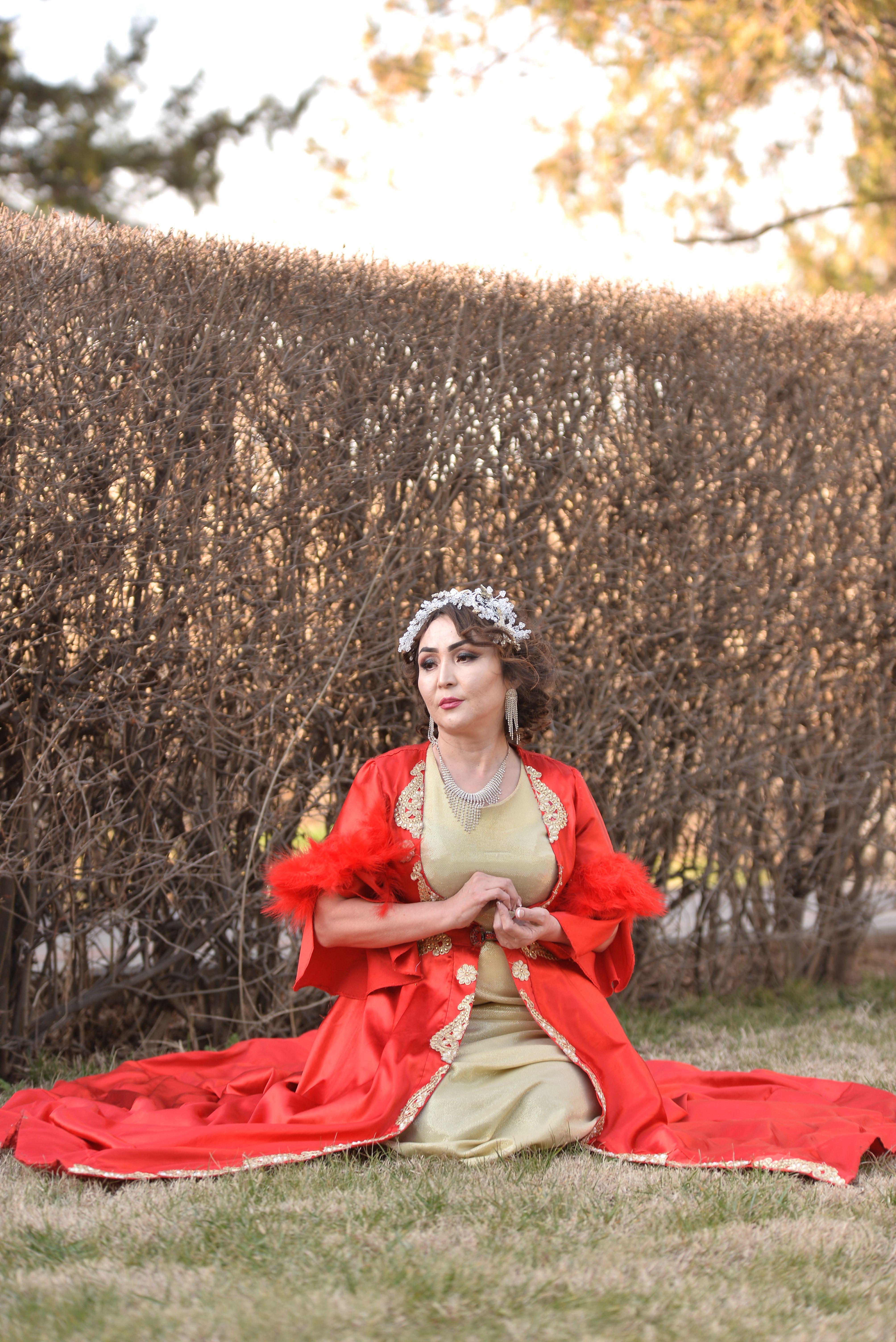 An Elegant Woman in Red Dress Sitting on a Grassy Field · Free Stock Photo
