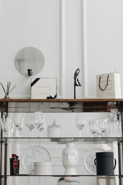 Glass display door for TV cabinet with display shelves