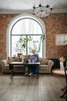 A woman in a blue sweater works from home on a laptop, seated on a stylish sofa.