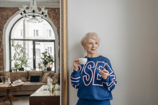 Elegant senior woman with gray hair holding a coffee cup, standing indoors by a mirror.