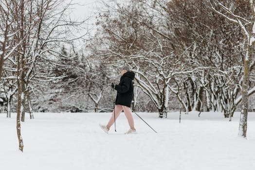 A person in winter clothing walking through a snow-covered park with leafless trees.