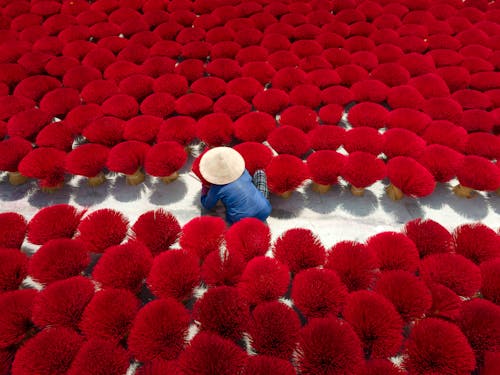 Free Person in Blue Jacket and Blue Denim Jeans Sitting on Red Heart Shaped Textile Stock Photo