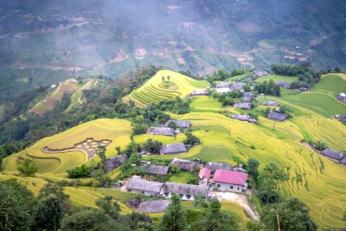 Free Scenic aerial view of terraced rice fields in a rural Vietnamese village. Stock Photo