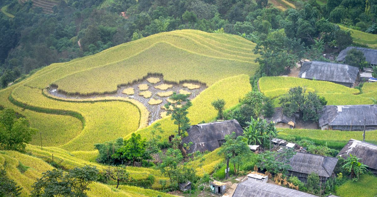Aerial view of Ho town with lush green hills and traditional houses