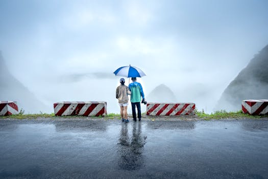 A couple stands on a wet road with an umbrella, overlooking a foggy cliff with concrete barriers.