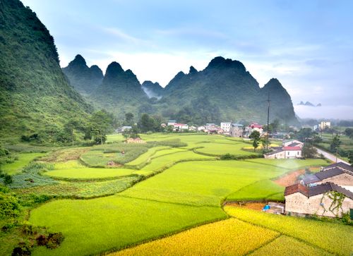 Free A breathtaking aerial view of vibrant farmlands with mountainous backdrop and scattered houses. Stock Photo