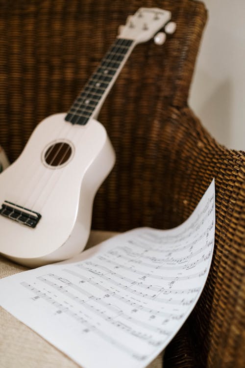 A White Acoustic Guitar and a Musical Notes Together 