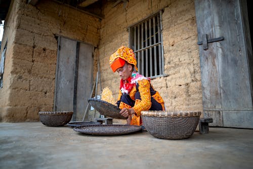 Low Angle View of a Senior Woman in Orange Traditional Clothes Selecting Grain