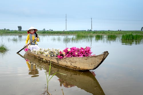 Gratis stockfoto met Aziatische vrouw, bloemen, boot