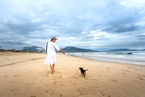 Free Woman in White Dress Walking on a Beach with Her Black Puppy Stock Photo