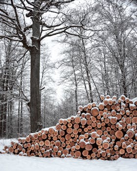 Snow-covered logs stacked in a tranquil winter forest scene in Germany.