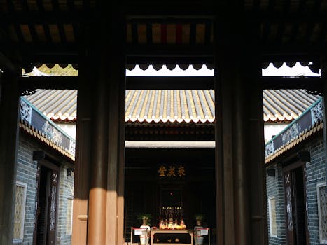 Gate leading to yard of ancient Buddhist shrine on sunny day in Hong Kong