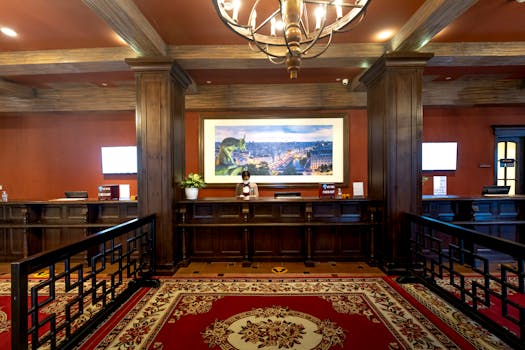 Elegant hotel lobby showcasing a receptionist at the front desk under warm lighting.