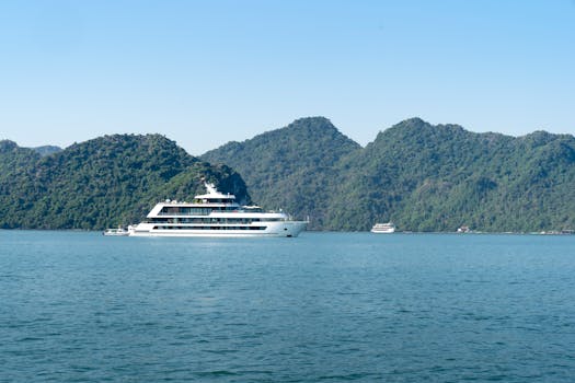 A luxury cruise ship anchored in a tranquil bay surrounded by lush green mountains under clear blue skies.