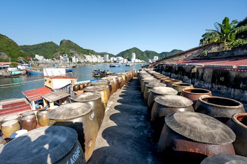 Barrels Standing on a Shore in Cat Ba Town, Cat Ba Island, Vietnam