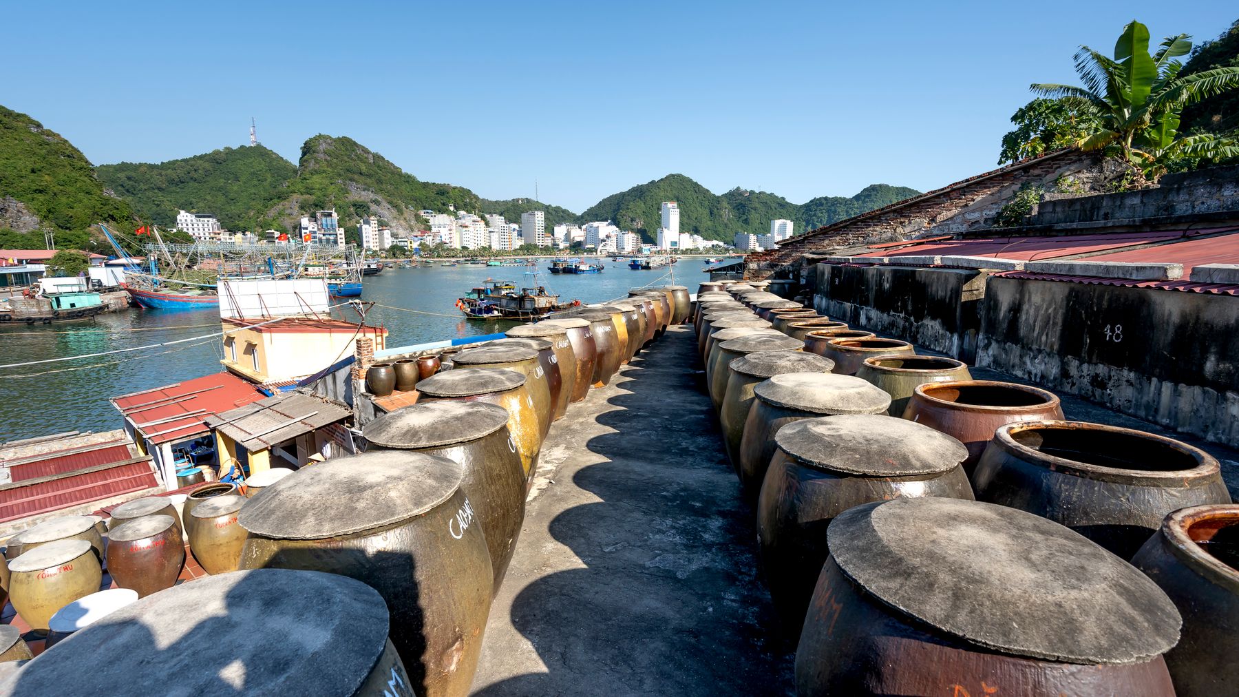 View of Cat Ba Island harbor with barrels and boats under a clear sky.