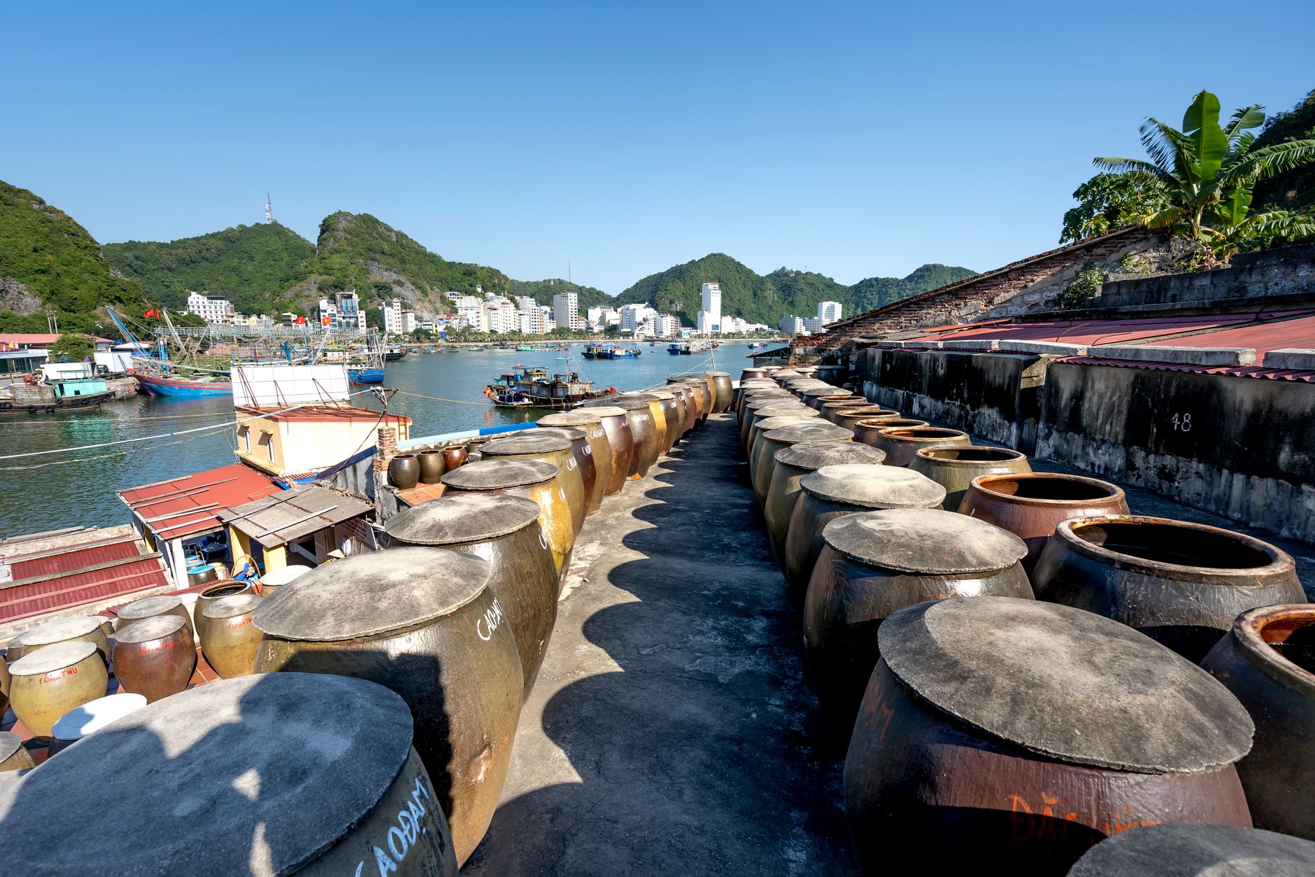 View of Cat Ba Island harbor with barrels and boats under a clear sky.