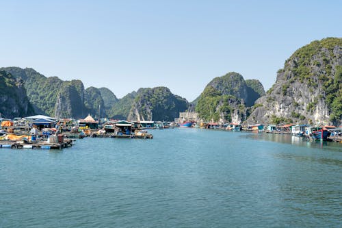 Free Boats Moored in the Ha Long Bay in Vietnam Stock Photo