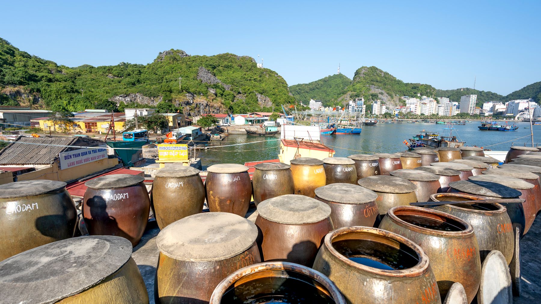 Ceramic jars in a vibrant coastal harbor with boats and lush hills under clear skies.