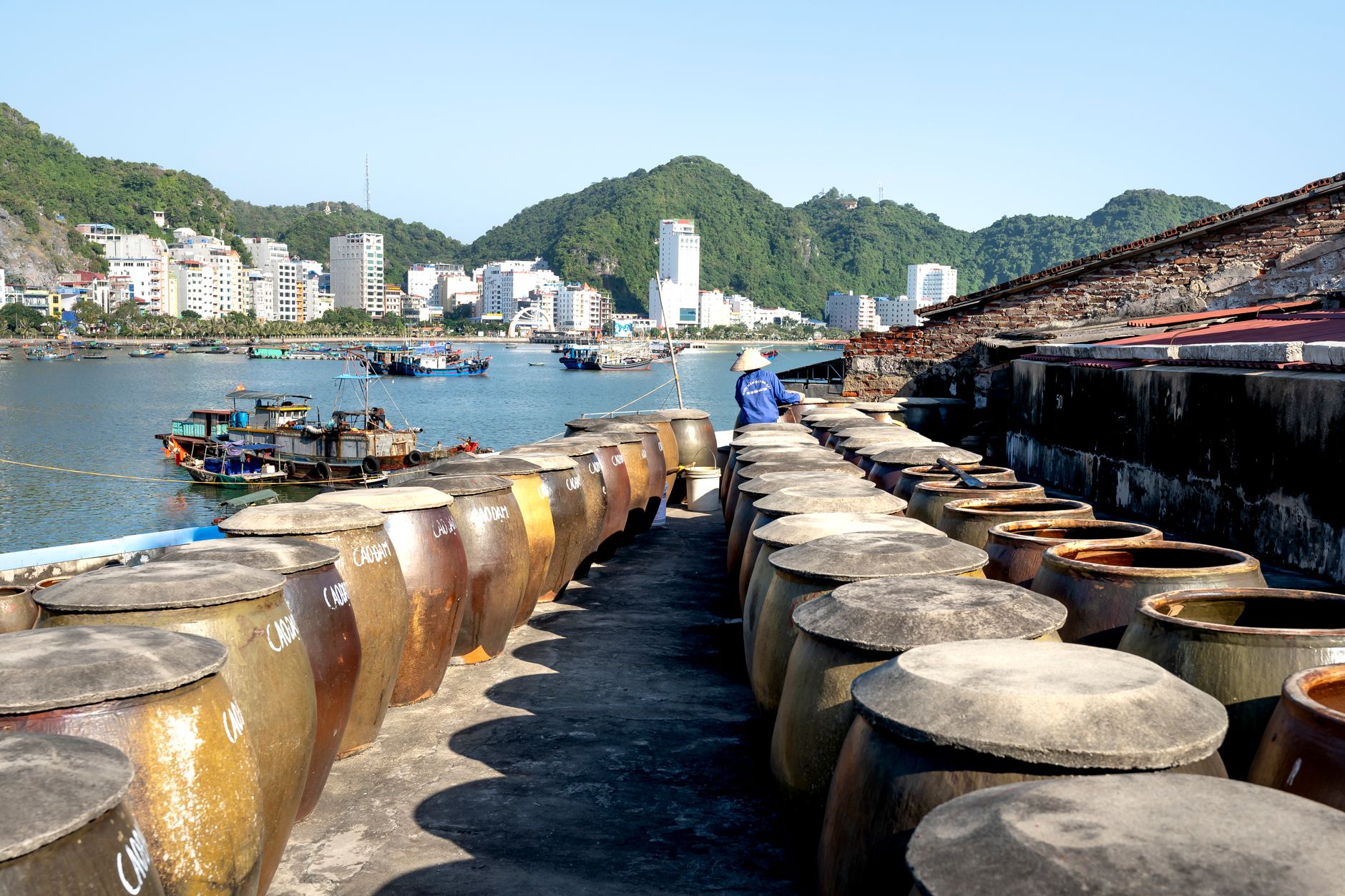 Panoramic view of Cat Ba Island harbour with large jars and fishing boats under a clear sky.