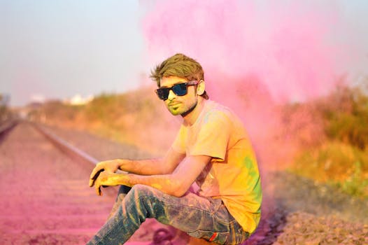 Young man with sunglasses enjoys Holi by sitting on railway tracks amidst vibrant pink powder.