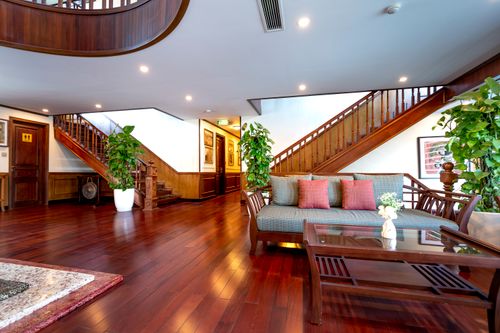 Free Spacious indoor living space with wooden flooring, stairs, and elegant decor plants. Stock Photo